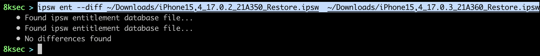 Saída do comando IPSW ent diff comparando mudanças de permissões entre duas builds iOS