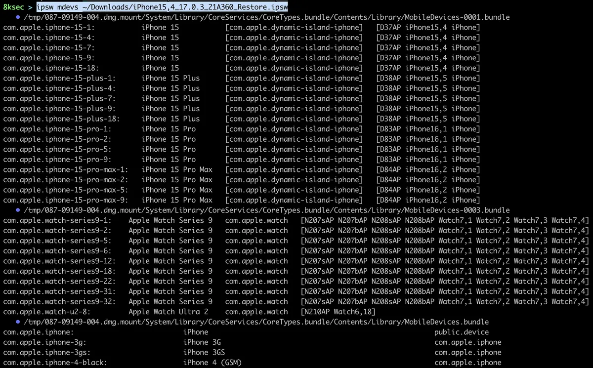 Saída do comando IPSW mdevs listando todos os dispositivos Apple suportados por um determinado arquivo IPSW