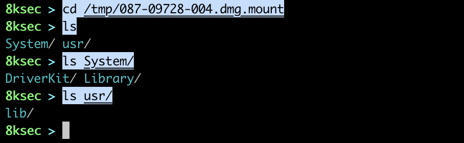 Terminal mostrando o diretório da partição do sistema iOS montada após executar ipsw mount sys