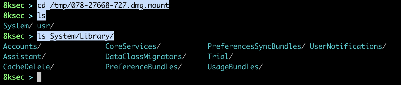 Terminal mostrando o diretório da partição de aplicativos iOS montada após executar ipsw mount app