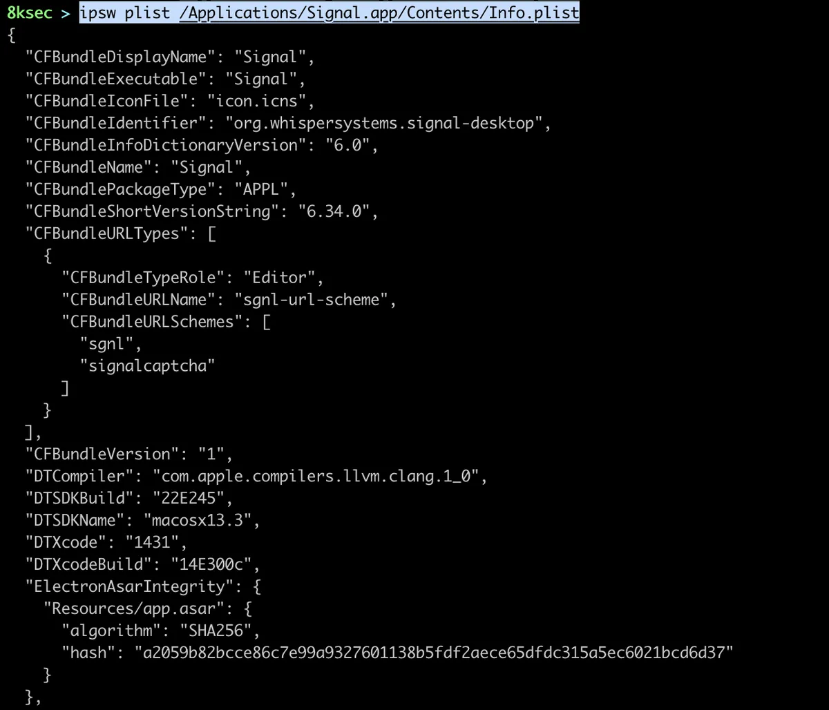 Comando IPSW plist file exibindo a leitura de um arquivo plist de um IPSW ou sistema de arquivos montado