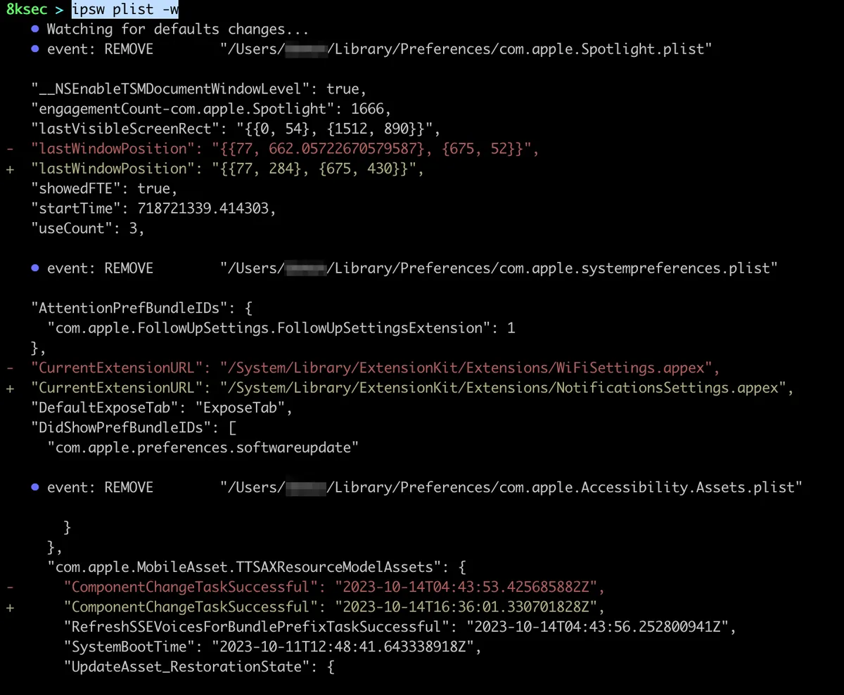 Comando IPSW plist watch monitorando alterações em arquivos plist de um dispositivo conectado