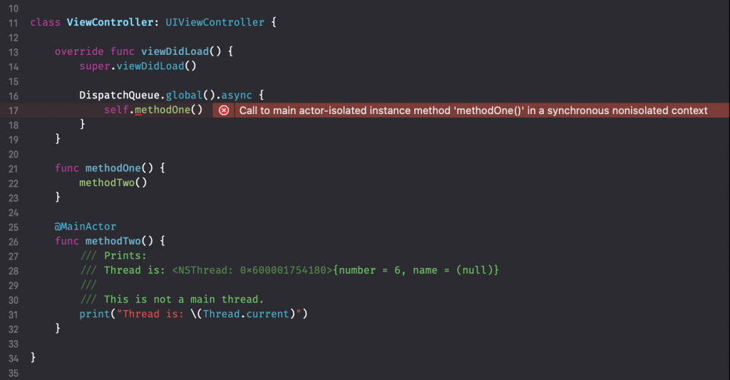 O compilador no modo de linguagem Swift 6 evitará erros ao usar o atributo @MainActor.
