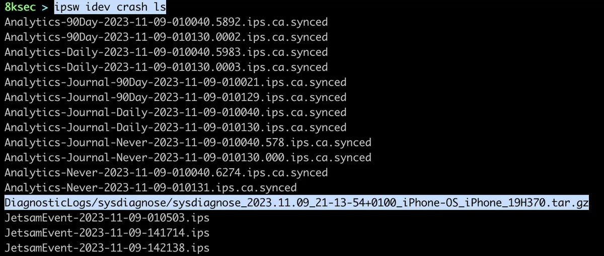 ipsw idev crash ls output