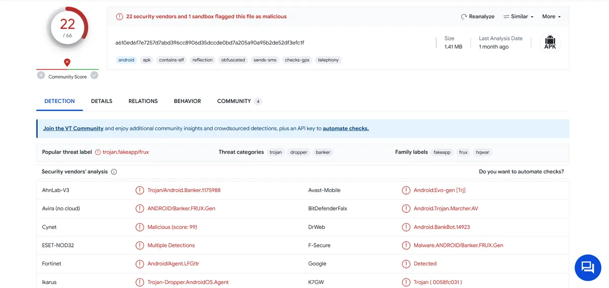 Resultados de detecção do VirusTotal para Xenomorph