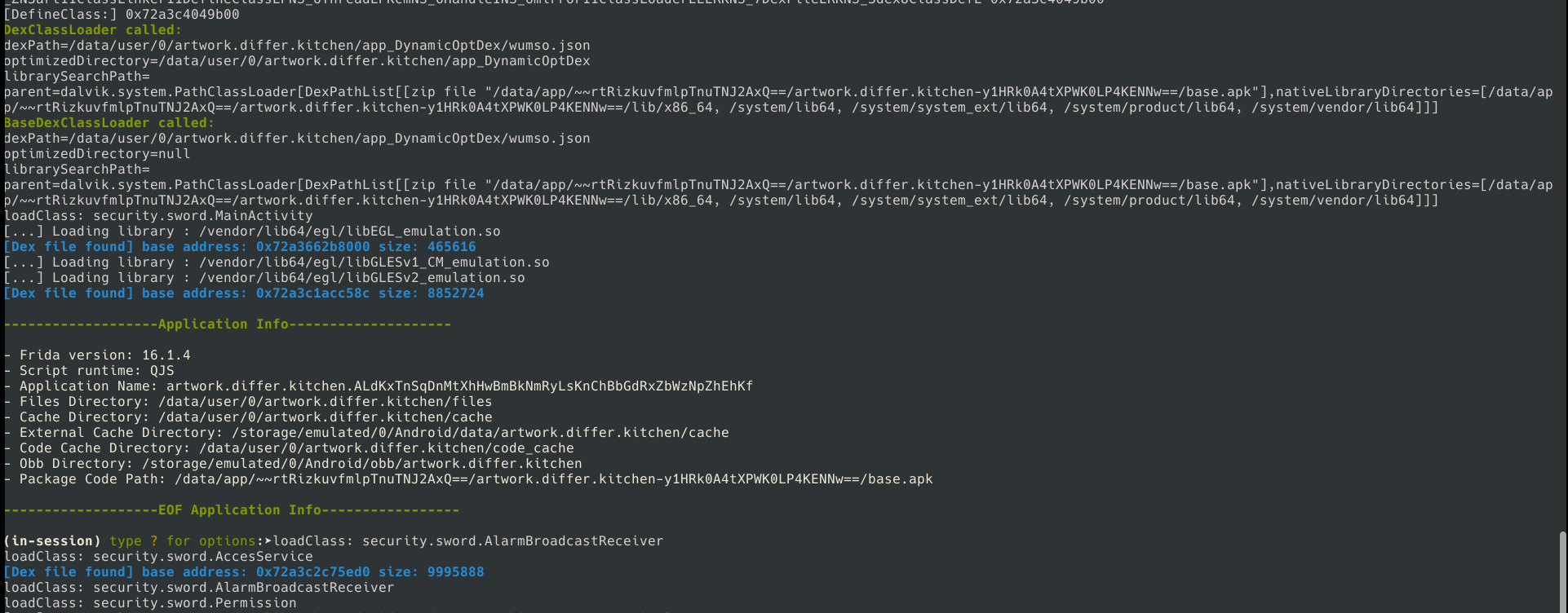 Saída de análise dinâmica do Medusa mostrando DexClassLoader carregando wumso.json